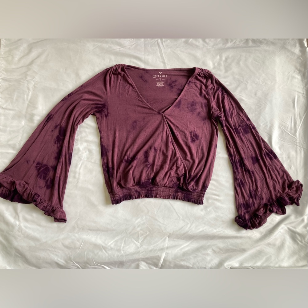 American Eagle Outfitters Soft & Sexy Wine Faux Wrap Top Women’s Size S